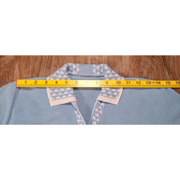 Vintage 50s-60s Womens Cardigan Size XS Baby Blue Print Trim Sweater Collared - Picture 4 of 7